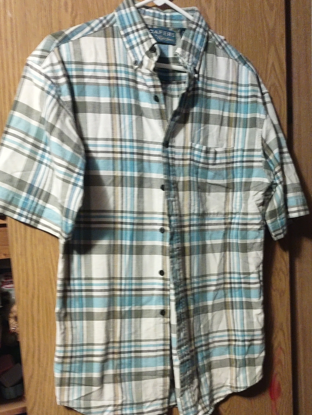 Vintage Loafers Short-Sleeve Plaid Button-Down Shirt in White, Blue, and Brown